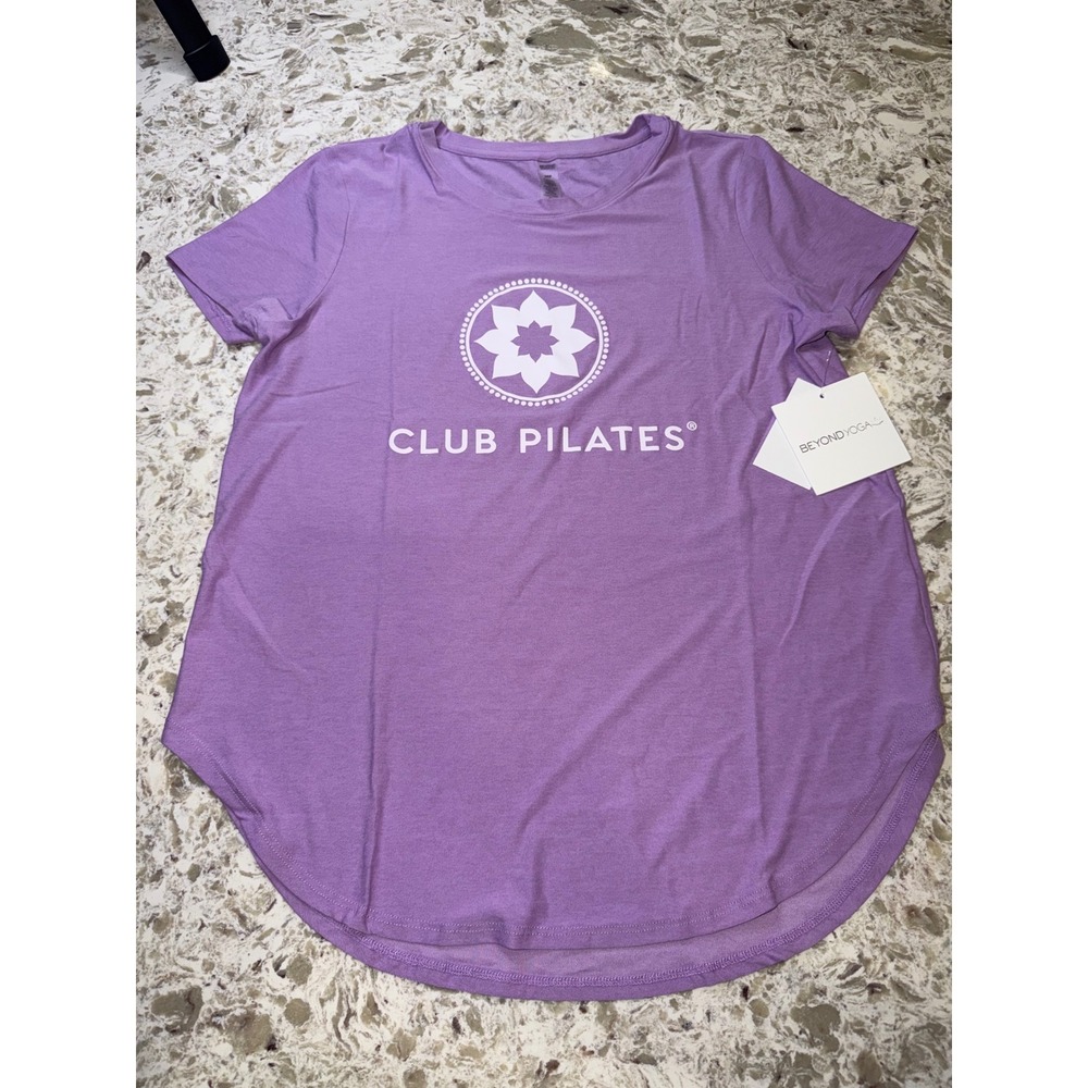 Beyond Yoga Club Pilates Graphic T-Shirt Purple Short Sleeve Curved Hem Small